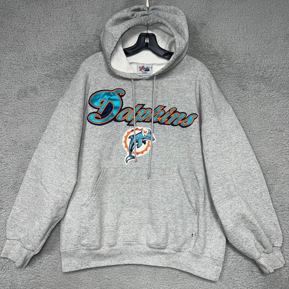 VTG Majestic Miami Dolphins Hoodie Men's Sz L Gray Pullover Sweatshirt NFL‎